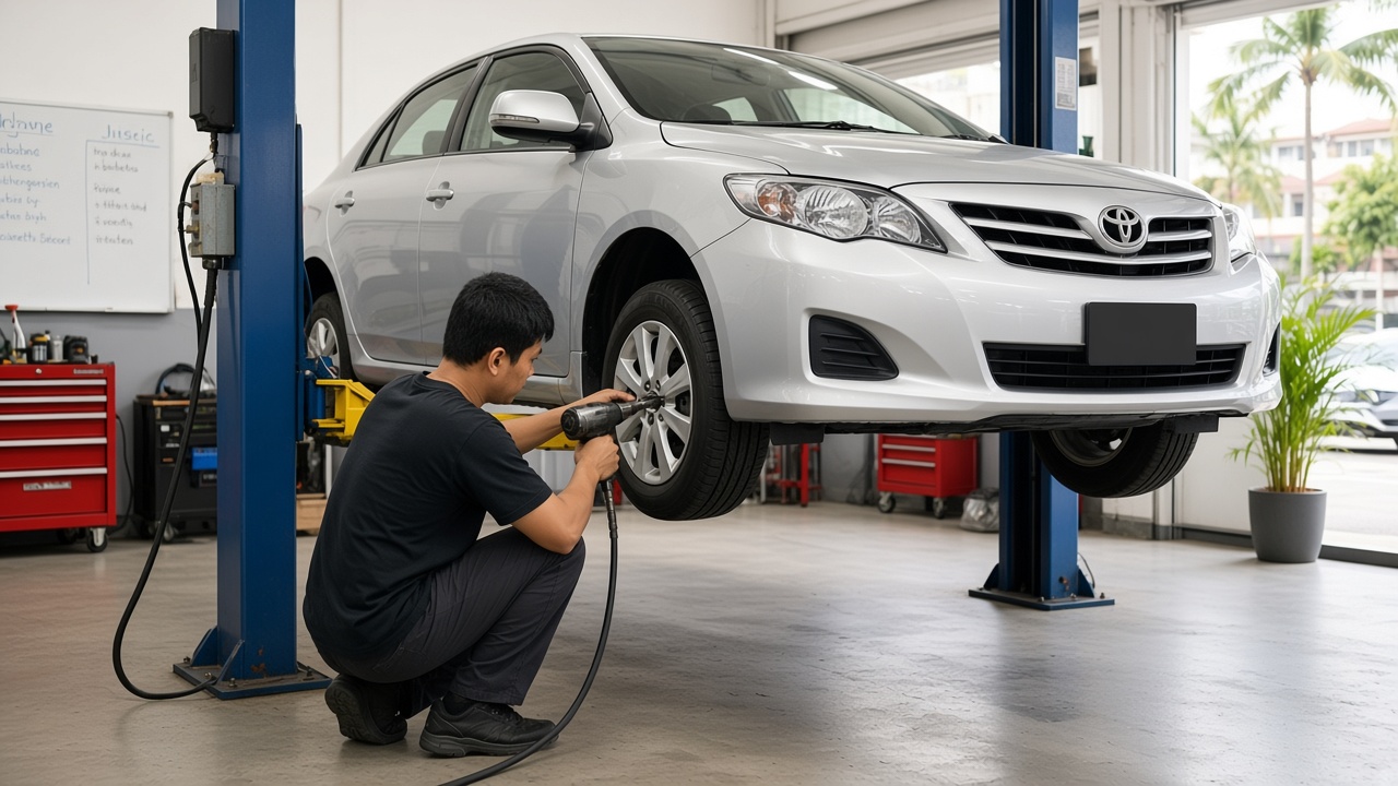 A mechanic working on a family car inside a Singapore workshop
