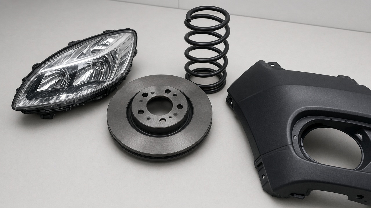 Car parts laid out on a workshop bench