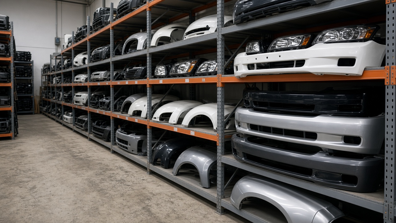 Shelves of car parts in a workshop storeroom